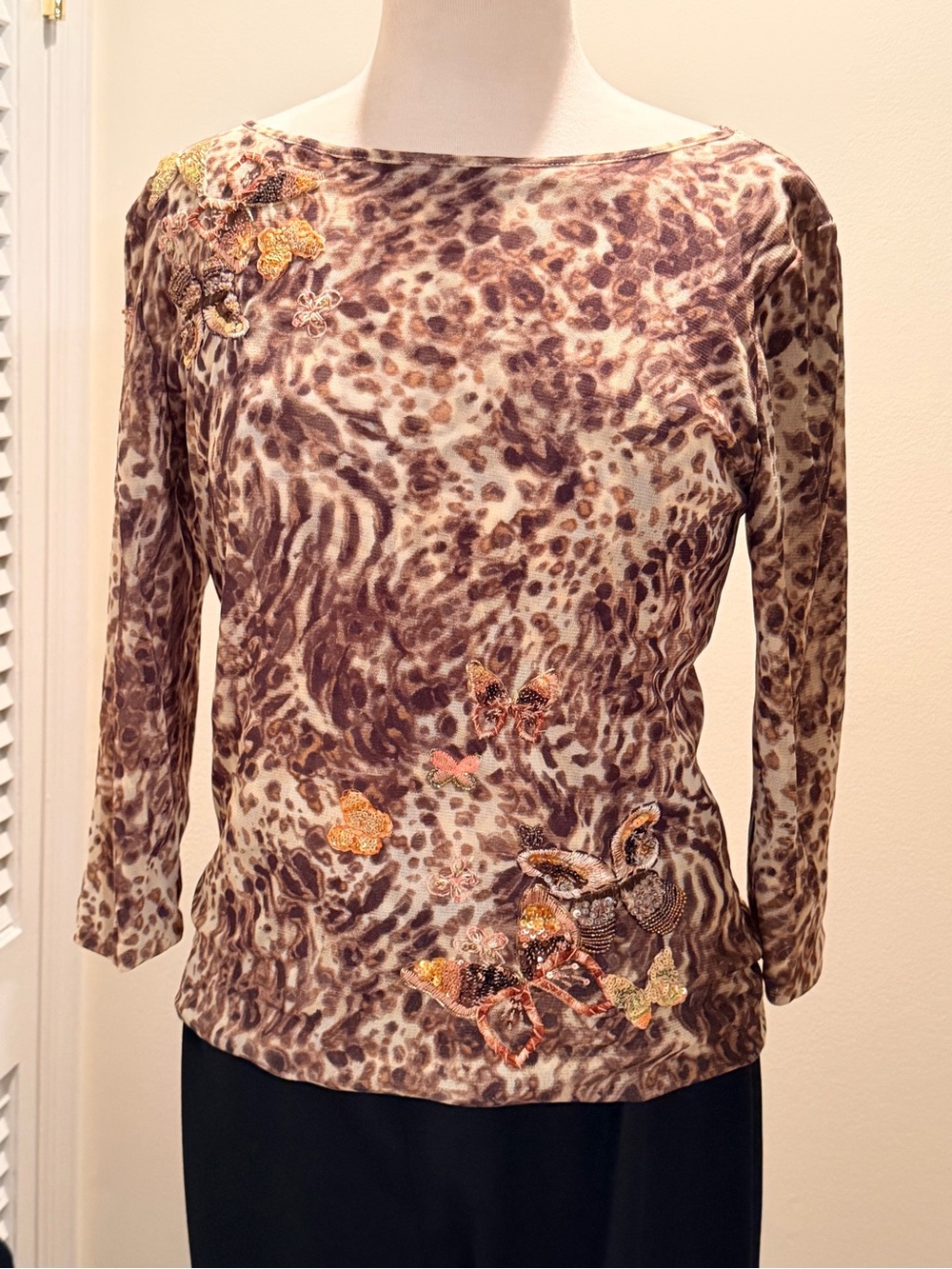 Dana Buchman Brown Leopard-Print Long Sleeve Top with Embroidered Butterflies